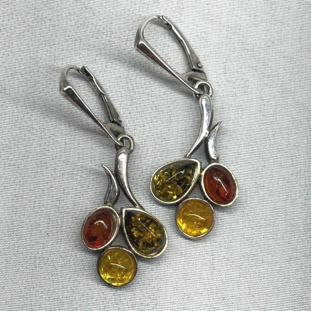 Unbranded Amber Earrings Women OS Multi Good 925 Silver Triple Stone Leverback